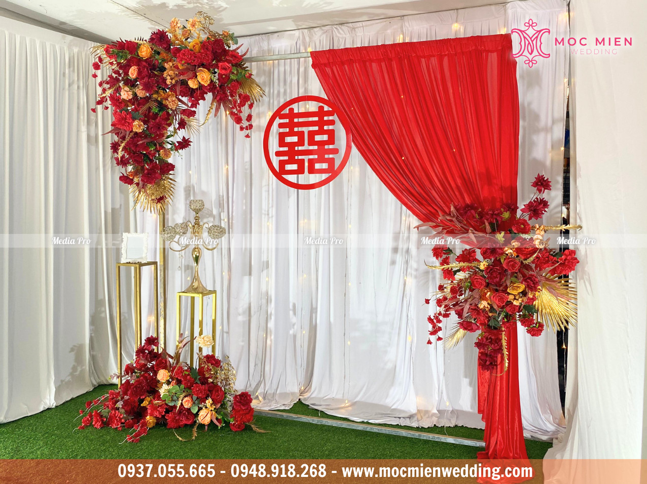 Cho thuê backdrop chụp hình cưới hoa lụa tone đỏ tại TPHCM