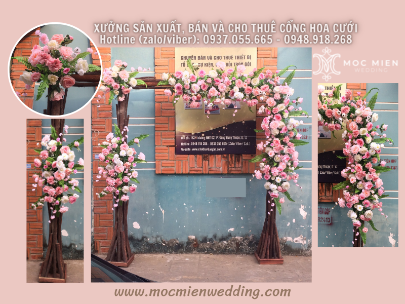 Mẫu cổng cưới hoa lụa theo tông màu hồng