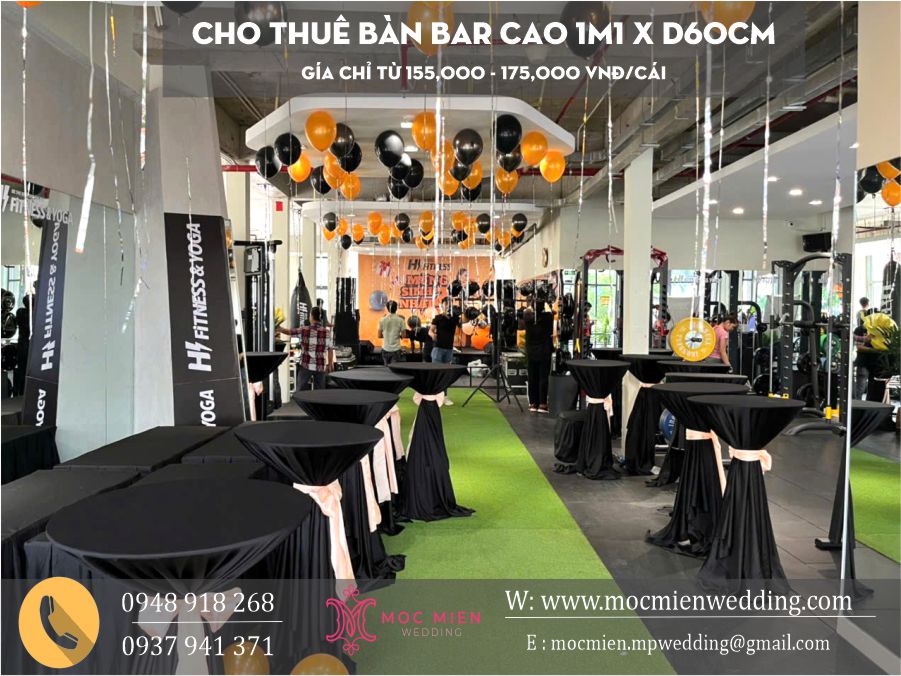 Cho thuê bàn bar đứng khăn đen/khăn trắng nơ cột nhiều màu sắc theo yêu cầu