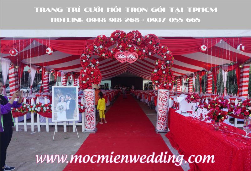 Cho thuê rạp cưới 40 bàn tại Tây Ninh, Rạp cưới nhà bạt không gian tông màu trắng - đỏ
