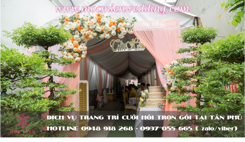Cho thuê nhà rạp đám cưới tại nhà quận Tân Phú, Trang trí rạp đám cưới tông màu hồng dâu