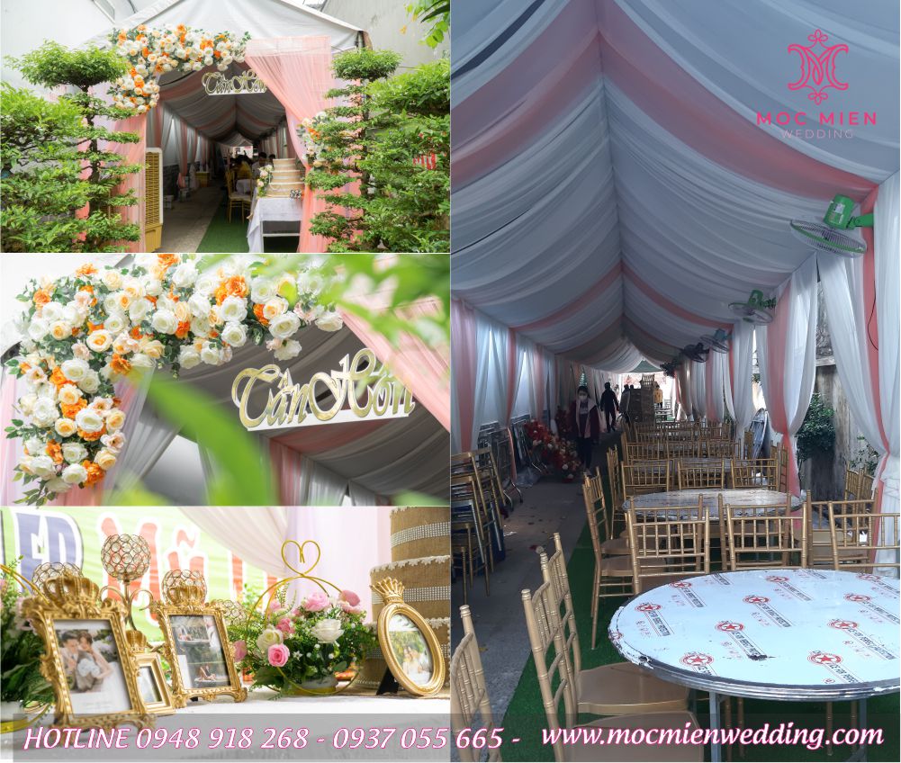 Trang trí rạp cưới cao cấp tông trắng - hồng pastel tại quận Tân Phú